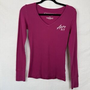 Y2K Aeropostale Women's Logo V-Neck Long Sleeve‎ Tee Shirt Magenta Pink Size M